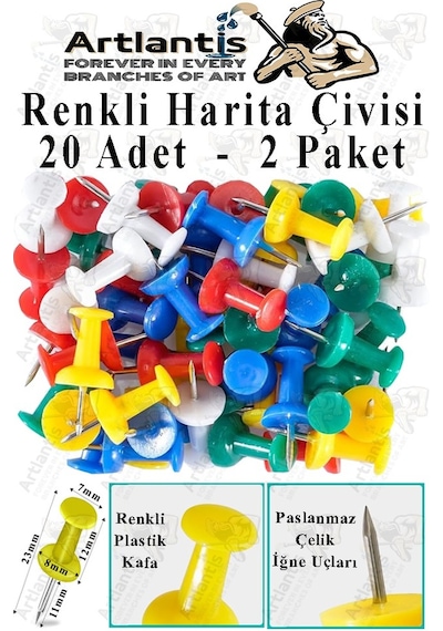 Harita Çivisi Renkli 20 Li 2 Adet Renkli Plastik Mantar Pano Raptiyesi Pano İğnesi Ofis Okul Büro Renkli Harita Çivisi