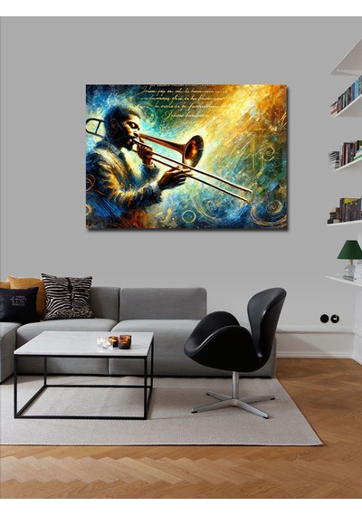 Kanvas Tablo Mavi Trombon Çalan Müzisyen