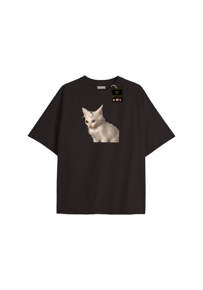 Flood Of Style Siyah Oversize T-shirt Şaşkın Kedi Özel Tasarım
