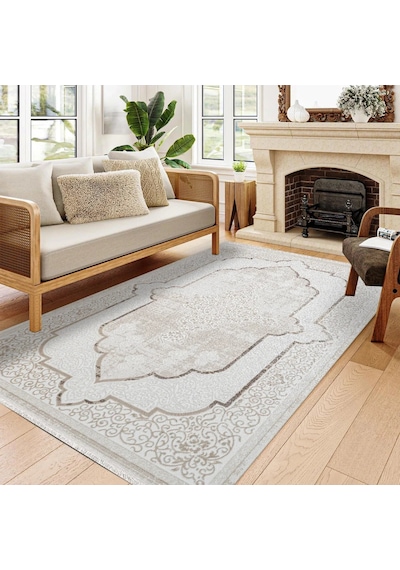 Bespoky Charlee Madalyon Klasik Salon Halısı Makine Dokuma Krem