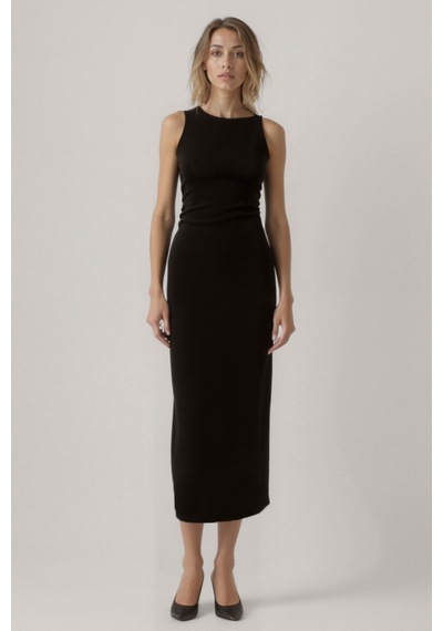 Vitrin Omuzu Düğüm Detaylı Örme Elbise Siyah
