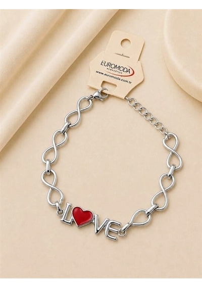 Love Yazılı Kırmızı Mineli Kalp Detaylı Zincir Bileklik