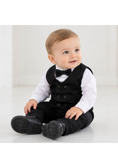 Maxx Kleın Erkek Bebek Siyah Yelekli Takım Elbise Gömlek Papyon Pantolon 6-9-12-18-24 Ay