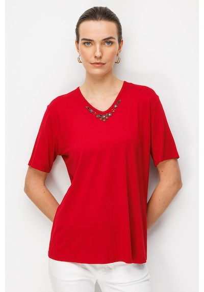 Kadın V Yaka Yakası Nakış İşlemeli Penye T-shirt Kırmızı Kirmizi