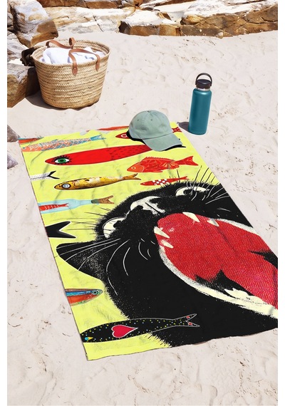 Kedi Balık Figürlü Plaj Havlusu - Akdeniz Pop Art Sarı Kırmızı Hızlı Kuruyan Mikrofiber Havlu Sisli Kumul