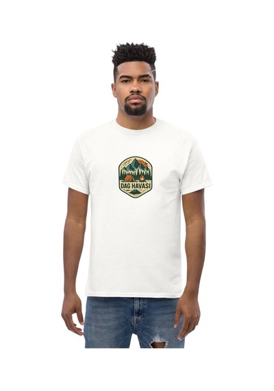 Wildstyle Dağ Havası Renkli Vintage Dağ Doğa Kamp Rozet Baskılı Unisex Bisiklet Yaka Pamuklu Tişört Beyaz