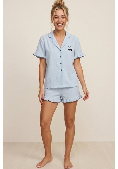Siyah İnci Nakışlı Bürümcük-krınkıl Kısa Kollu Düğmeli Şortlu Pijama Takım 8058 mavi