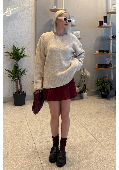 Madmext Bej Bisiklet Yaka Kadın Buklet Kazak Mg2480 Bej