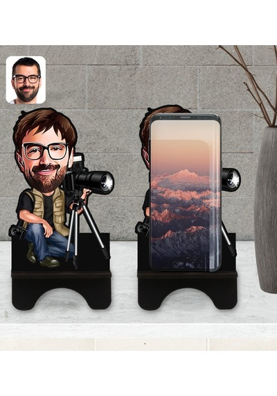 Kişiye Özel Erkek Fotoğrafçı Karikatürlü Ahşap Biblo Telefon Stan