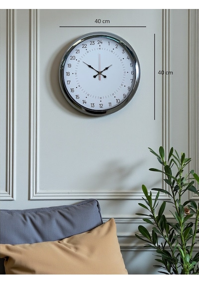 Krom 40 Cm Metal 24 Saat Göstergeli Özel Tasarım Duvar Saati