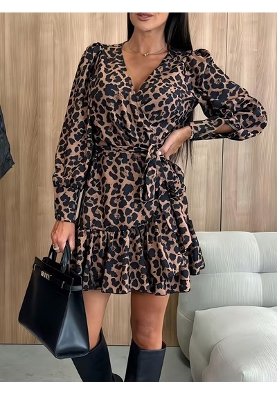Kadın Uzun Kollu Kruvaze Yakalı Belden Bağcıklı Kısa Leopar Desenli Modal Elbise