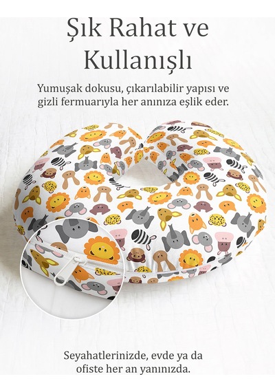 Sevimli Hayvan Figürlü Pamuklu Boyun Yastığı - Eğlenceli Safari Temalı Sarı Gri Seyahat Yastığı Çok Renkli