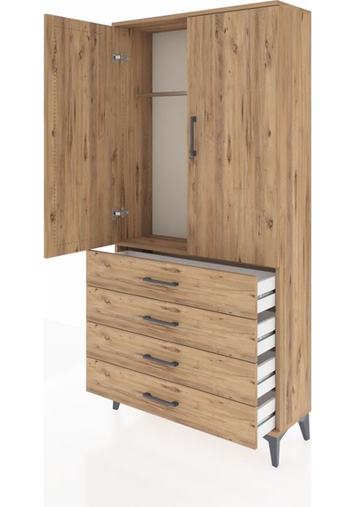 Arges Dolap Tek Raflı 4 Çekmeceli Tek Askılı 88x30x182 Çam-çam Çam