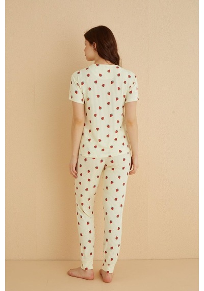 Farya Home Dreamy İpeksi Kaşkorse Çilek Desenli Kısa Kollu Pijama Takımı Sarı