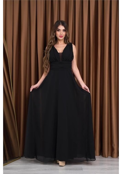 Dip Moda Kadın Siyah V-yaka Şifon Abiye Elbise Dpnb2027 Siyah