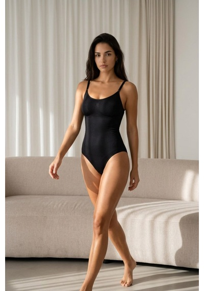Kadın Kapsız Cırt Cırtlı Düz Desen Siyah Body