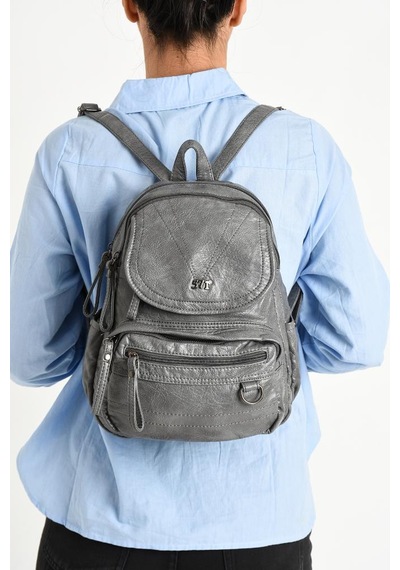 Baginn Y.s.deri Mini Boy Kadın Sırt Çantası Vegan Deri Bayan Sırt Çantası 27 20 Cm Yumuşak Doku Çok Cepli Gri
