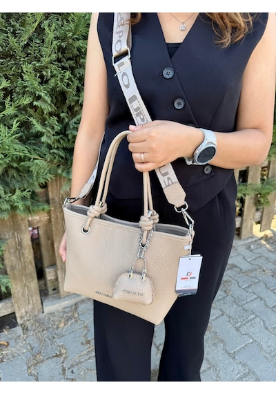 Just Polo Kadın Su Geçirmez Yumuşak Deri Ayarlanabilir Askılı Lüks El & Omuz Çantası Bej 75628033
