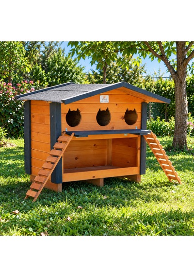 Ahşap 3 Yuvalı Mamalıklı Kedi Evi Dış Mekan