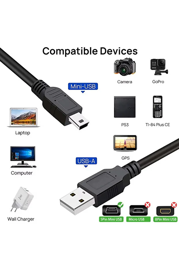 1.5 Metre Usb 2.0 Tip A Erkek 5pin Mini Usb Veri Şarj Kablosu Hdd İçin Mp3 Ps3 Kamera Gps V3 Kablosu 1,5m