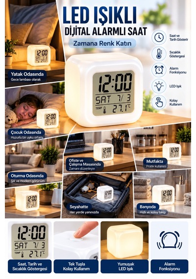 Lexroo Led Aydınlatmalı Küp Saat Dijital Alarm Tarih Ve Sıcaklık Diğer