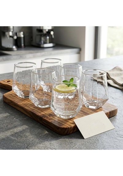 6'li Geometrik Cam Su Ve Meşrubat Bardağı Seti - Modern Kesim Kahve Yanı Bardağı 340 Ml Çok Renkli