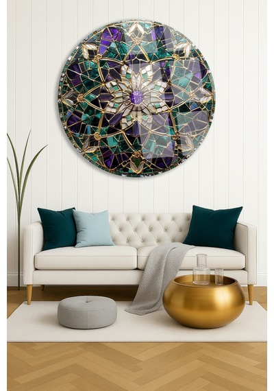 Altın Mandala Çiçek Desenli Yuvarlak Cam Tablo Modern Duvar Dekoru Uv Baskılı Canlı Renkler Yatak Odası Ve Antre Yeni Ev Hediyesi