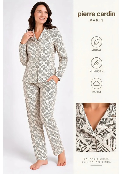 Pierre Cardin Gömlek Yaka Desenli Kadın Pijama Takımı Krem
