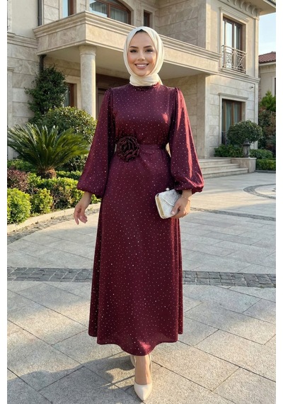 Hb Harma Time Butik Kadın İnci Detaylı Kuşaklı Bordo Saten Elbise Bordo Bordo