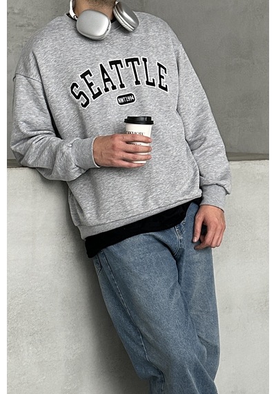 Erkek Seattle Baskılı Oversize Sweatshirt Gri