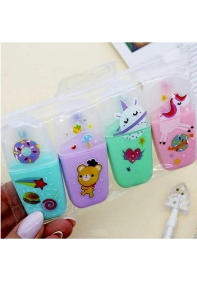 Şeker Unicorn Fosforlu Kalem 4 Renk 1 Paket 4 Lü Mini Unicorn İşaretleme Kalemi Şeffaf Kalemlik İçinde Çok Renkli