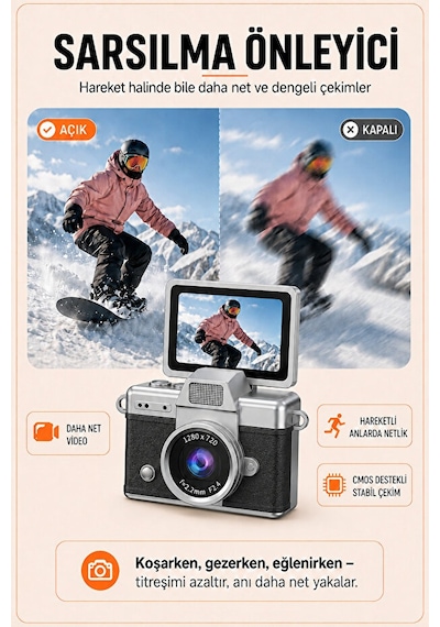 Solvis Mini Dijital Kamera Retro Tasarım Hd Video Selfie Çekim 180 Döndürülebilir Ekran Taşınabilir Kamera