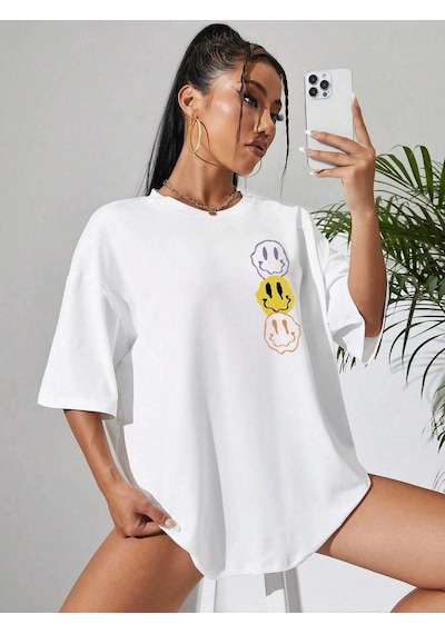 Emoji T-shirt - Beyaz Baskılı Oversize Bisiklet Yaka Kısa Kol Beyaz