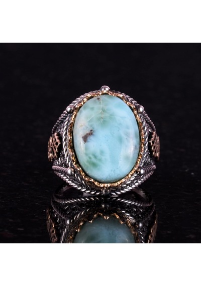El Yapımı Doğal Larimar Taşı Yüzük, 925 Ayar Saf Gümüş Erkek Yüzüğü, Okyanus Huzuru Tasarımı Gümüş