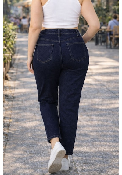 Cedy Denim Mom Fit Jean Büyük Beden Yüksek Bel Carrot Kesim Dar Paça Pileli Esnek Kot Pantolon C600 Lacivert