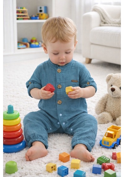 Babyhola Kız Erkek Bebek Tulum Pamuk Müslin Katlanabilir Kollu Çıtçıtlı 22401 Mavi