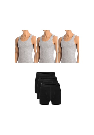 Belifanti Collection Erkek Pamuklu 3'lü Gri Atlet Ve 3'lü Siyah Boxer 6 Parça Set
