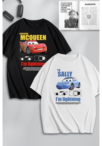 Unisex Kadın Erkek I'm Sally & Mcqueen Cars Baskılı Sevgili Çift Kombini Tasarım Oversize Tshirt 2li Siyah Beya Mck0393 Çok Renkli