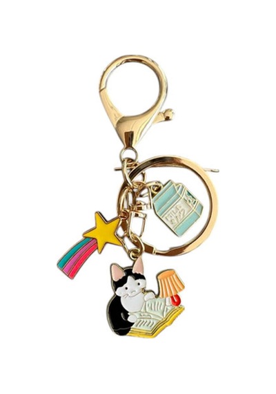 Gökkuşağı Kitapsever Kedi Metal Charm Anahtarlık Çok Renkli Çok Renkli