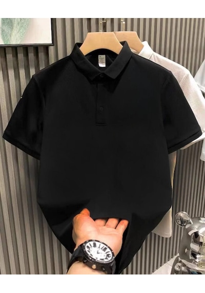 Barlashive Erkek Polo Yaka Tişört Düğmeli Pike Düz T-shirt - Siyah Çok Renkli