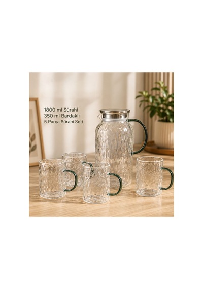 5 Parça Bardaklı Sürahi Seti - Cam - 1800 Ml Sürahi - 4 Bardak