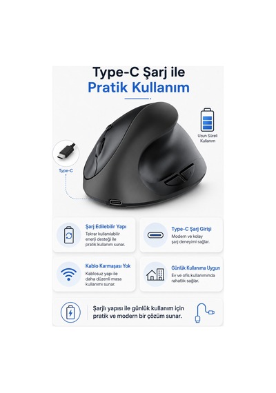 Type-c Şarjlı Dikey Ergonomik Kablosuz Mouse Bluetooth Siyah Sağ El Kullanımına Uygundur Çok Renkli Diğer Type-c Şarjlı Dikey Ergonomik Kablosuz Mouse Bluetooth Siyah Sağ El Kullanımına Uygundur Çok Renkli Diğer