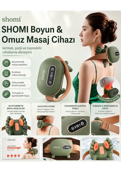 Shomi Md-1832 Şarjlı Yoğurmalı Boyun Ve Sırt Masaj Aleti - Isıtmalı Kulunç Ve Masaj Cihazı Haki