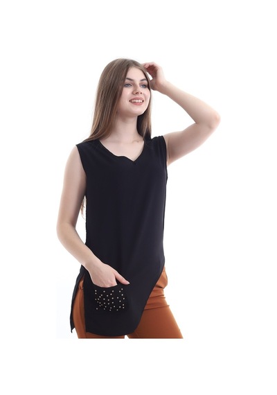 Self Clothing Kadın Siyah V Yaka Cep Ve Yırtmaç Detaylı Bluz Slf1246-Siyah