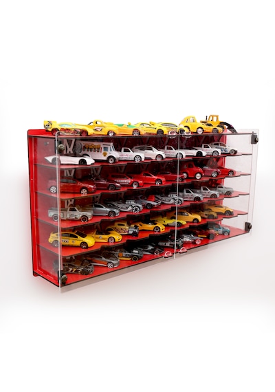 Pleksi Kapak 48 Araçlık 1/64 Hotwheels, Matchbox Uyumlu Hobi Oyuncak Araba Rafı Koleksiyon Model Araba Garajı Kırmızı