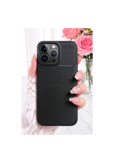 Fibaks iPhone 15 Pro Uyumlu Kılıf Kamera Çıkıntılı Karbon Fiber Desenli Renk Atmaz Koruyucu Kapak Kilif