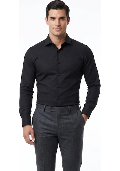 UKİ Uki Siyah Saten Slim Fit Klasik Gömlek SİYAH