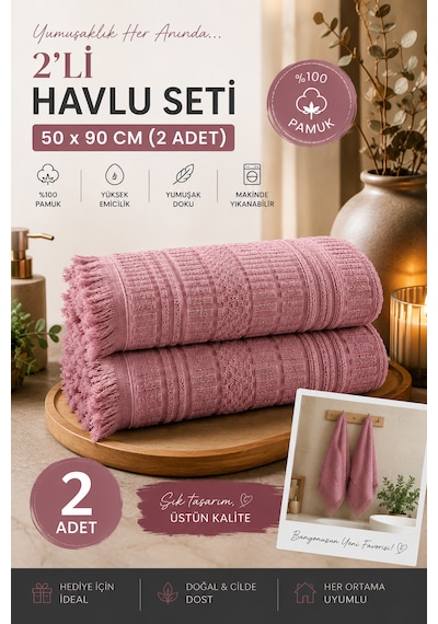 2'li Yüz Havlusu Seti 50x90 Cm Pamuklu El Havlusu Püsküllü Yumuşak Dokulu Yüksek Emici Günlük Kullanım Gülkurusu
