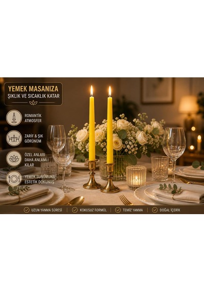 2'li Sarı Şamdan Mum Seti 25 Cm Dekoratif İnce Şamdan Mum, Kokusuz Parafin Wax,%100 Pamuk Fitil, El Döküm, Uzu Çok Renkli