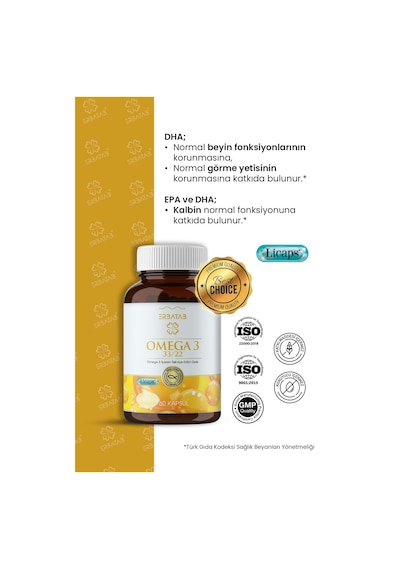 Erbatab Omega 3 Balık Yağı Hava Sızdırmaz Okside Olmayan Licaps Omega3 60 Kapsül